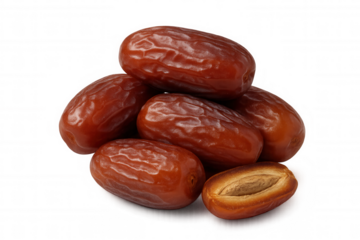 Group of delicious sweet dried dates stacked together with one date fruit cut in half, revealing the inner seed. Transparent background