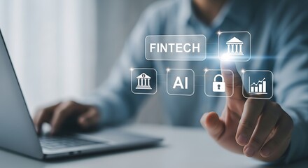Finger touching Fintech and AI icons on a digital interface
