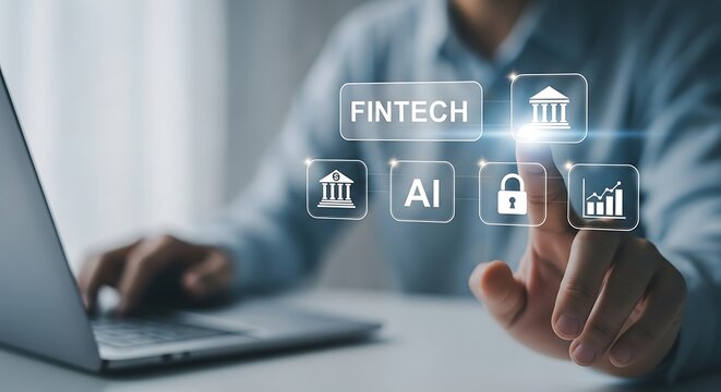 Finger touching Fintech and AI icons on a digital interface