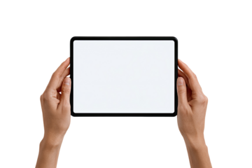 Hands holding a tablet with a blank screen