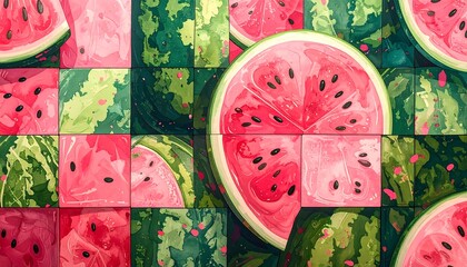 Vibrant, artistic mosaic of watermelon slices and whole fruit