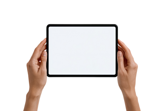 Hands holding a tablet with a blank screen