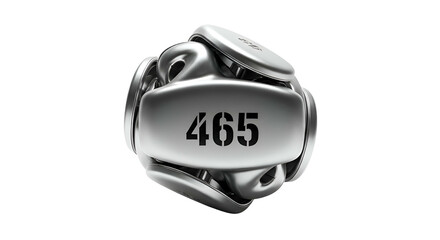 Metallic, rounded object with '465' on a central, rectangular plate
