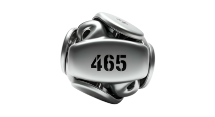 Metallic, rounded object with '465' on a central, rectangular plate