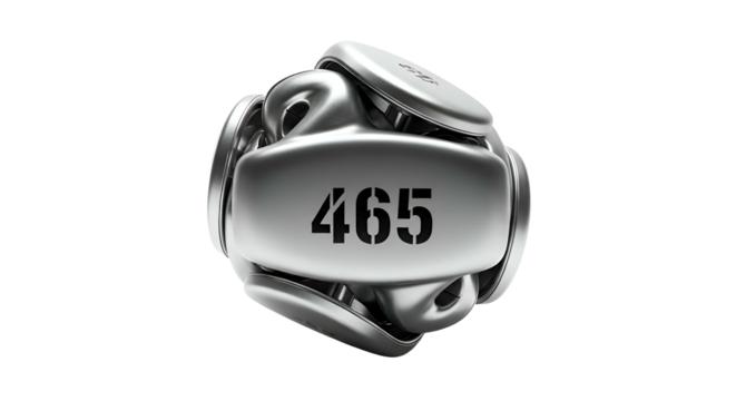 Metallic, rounded object with '465' on a central, rectangular plate