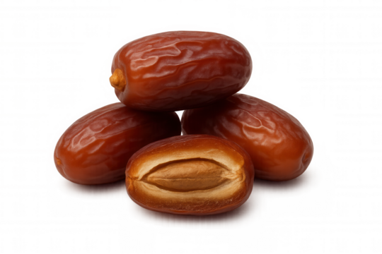Pile of appetizing dried dates with a single date cut in half showing its seed, on a transparent background