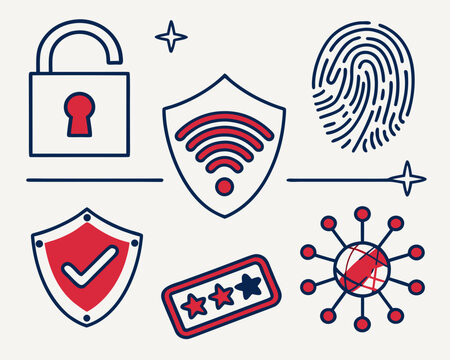 Illustration of cybersecurity icons, including lock, fingerprint, and wifi symbol