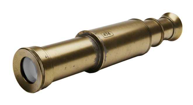 Aged brass telescope, slightly tarnished, with a rectangular tag