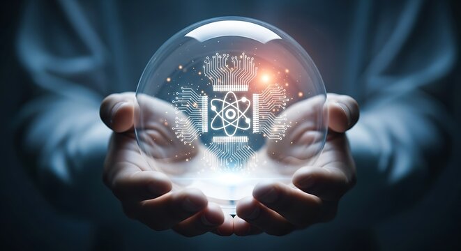 Hands holding glowing atomic nucleus and circuit board