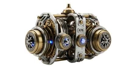 Ornate steampunk device, metallic gears and glowing blue accents