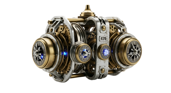 Ornate steampunk device, metallic gears and glowing blue accents