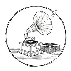 Hand-Drawn Gramophone and Vinyl Records in Circle Frame - Vintage Isolated Vector.ai Icon