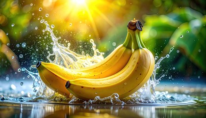 Yellow Banana Bunch Splashing in Water with Sunlit Green Foliage Background