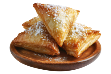 Briouat triangular fruit filled pastries, phyllo pastries filled with meat or almonds isolated on white transparent background, concept of Arabic sweet baked desserts