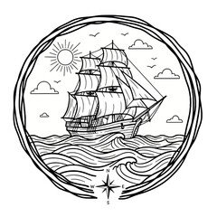 Detailed Sailing Ship on Wavy Ocean with Compass Rose - Vintage Clean Line Illustration.ai Vector