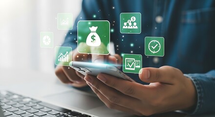Person using smartphone with financial and business icons floating
