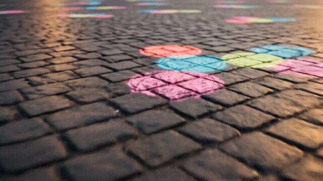 Colorful chalk drawings on cobblestone street