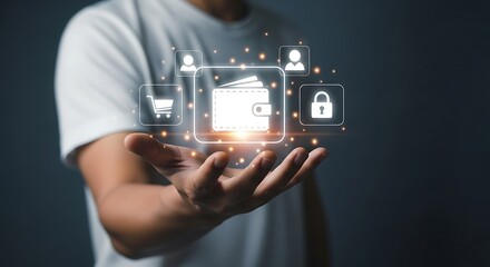 Person holding digital wallet with shopping and security icons