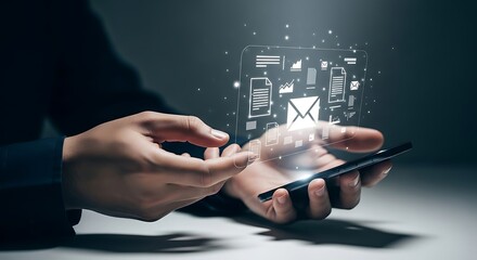 Hands holding smartphone with digital email interface