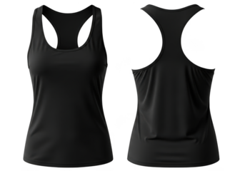 Black racerback tank top mockup front and back view, women's activewear apparel template for design isolated on transparent background
