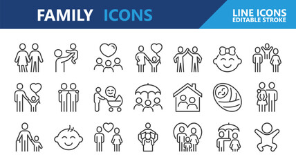 Family icons. Friends and family line icon set. Editable Stroke.