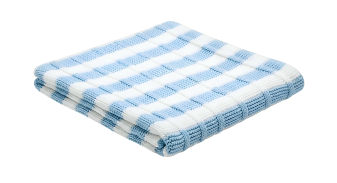 Blue and white checkered knitted blanket, folded