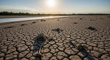 Drought climate change desertification global warming arid landscape bones cracked earth environmental crisis