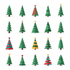 A diverse collection of stylized Christmas tree vector illustrations.