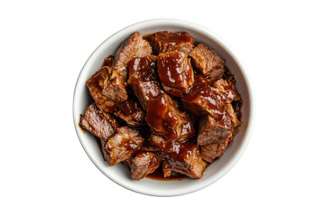 Delicious beef tips with bbq sauce in white bowl, savory meat dish, gourmet food, restaurant meal, isolated on transparent background