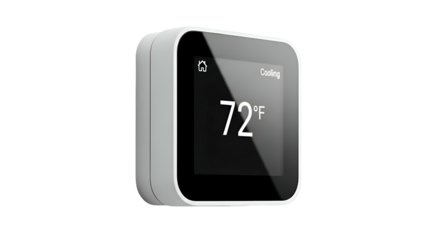 Square, smart thermostat displays 72 degrees on black background