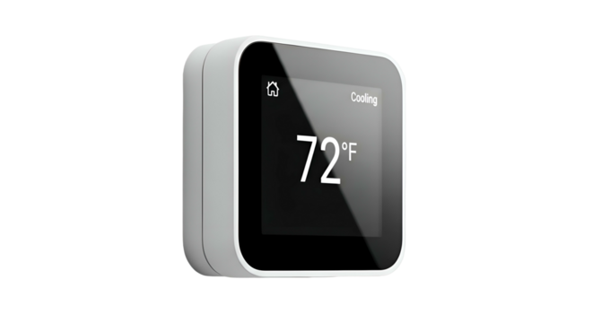 Square, smart thermostat displays 72 degrees on black background