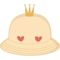 Cute cartoon illustration of a beige bucket hat with a golden crown and pink heart details on a transparent background