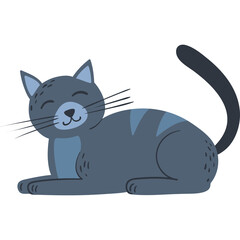 Cute Gray Cat with Closed Eyes and Blue Stripes on Transparent Background