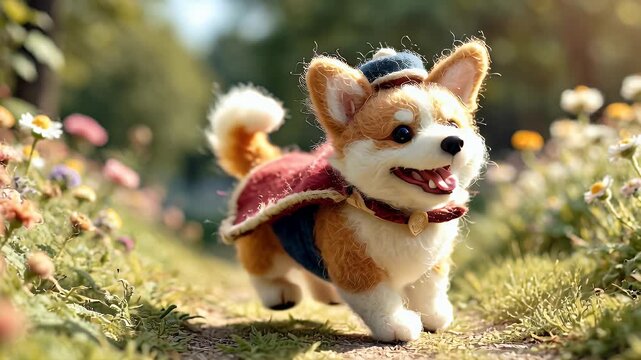 Animated corgi dog running in sunlight on a nature trail with colorful flowers
