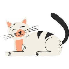 Cute White Cat with Black Tail and Striped Markings Lying Down Smiling Contentedly on Transparent Background Ideal for Illustration and Design Projects