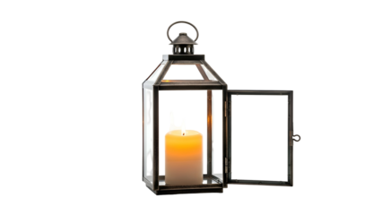 Metal lantern illuminates a candle with warm light, door open