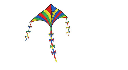 Colorful kite adorned with bows, against a black backdrop