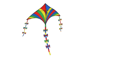 Colorful kite adorned with bows, against a black backdrop
