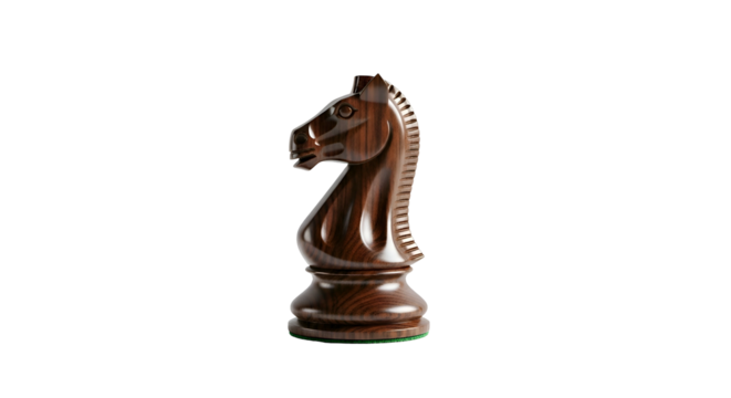 Polished wooden knight chess piece, head facing left, dark background