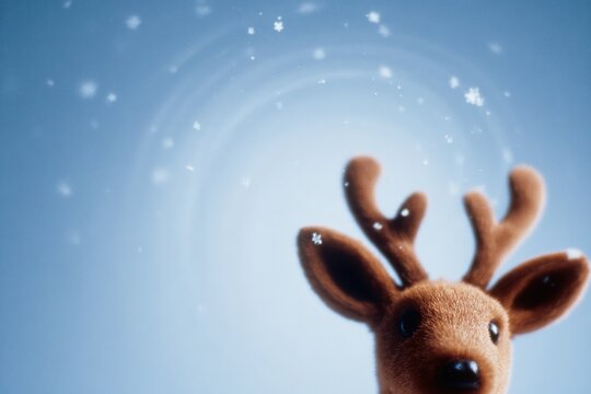 Whimsical reindeer peeking against snowy blue background, sparkling magic surrounds