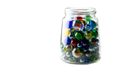 Glass jar filled with colorful marbles against a black backdrop