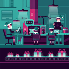 Christmas elves working in a modern high tech toy factory.