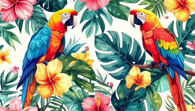 Vivid parrots perched amidst lush tropical foliage and vibrant blossoms - Powered by Adobe
