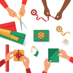 Top view of diverse hands wrapping Christmas presents together.