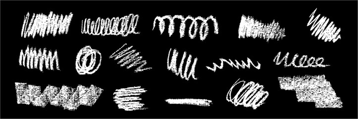 Decorative vector scrawl pack with freehand white wave strokes, bold curls, swirls and thick dry smears. Scratchy traces and chalkboard stain details give it a playful kindergarten pop expressive look