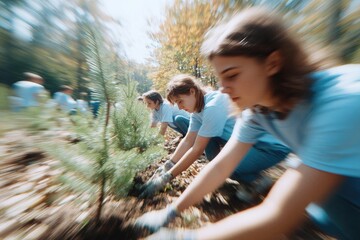 Hands in soil, young people planting trees, vibrant autumn colors, teamwork shines