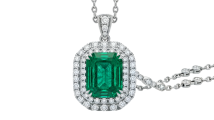 Emerald cut gem pendant with diamond halo on a delicate chain