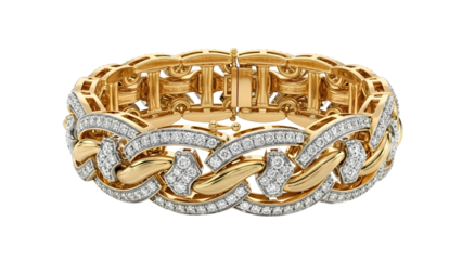 Diamond-studded gold bracelet features interlocked textured links