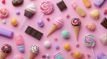 Colorful Candy Icons and Treats on Pink Background