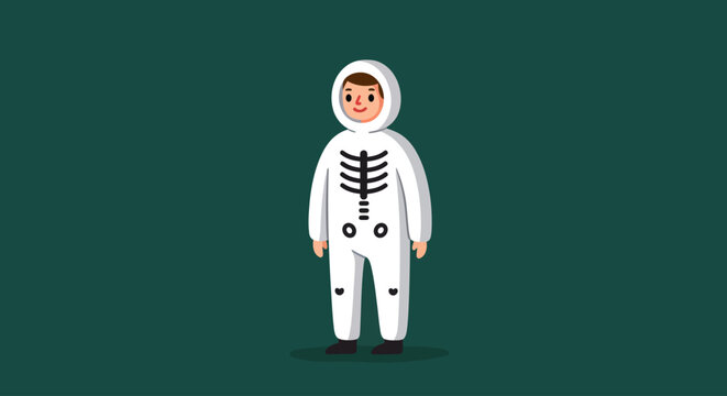 Charming vector illustration of a person in a white skeleton jumpsuit, exuding a playful and festive spirit ideal for Halloween-themed designs, costume party invitations, or seasonal holiday greetings